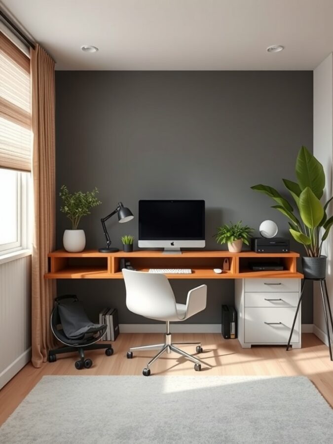 A modern home office setup featuring a sleek desk, computer, and plants, designed for comfort and productivity.