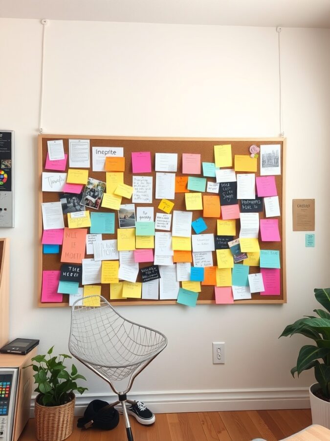 A corkboard filled with colorful sticky notes and reminders in a home office setting.