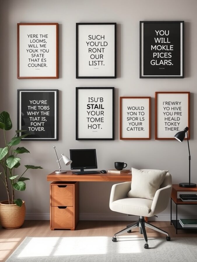 A stylish home office featuring framed motivational quotes on the wall, a wooden desk, a comfortable chair, and a potted plant.