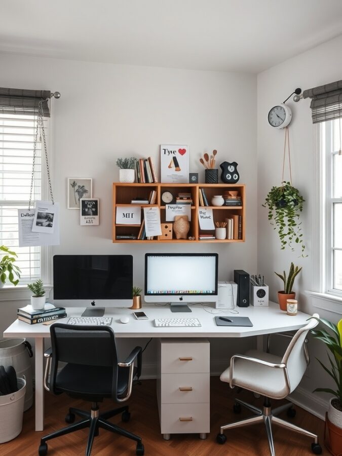 A modern home office with two computer monitors, a clean desk, and decorative plants.
