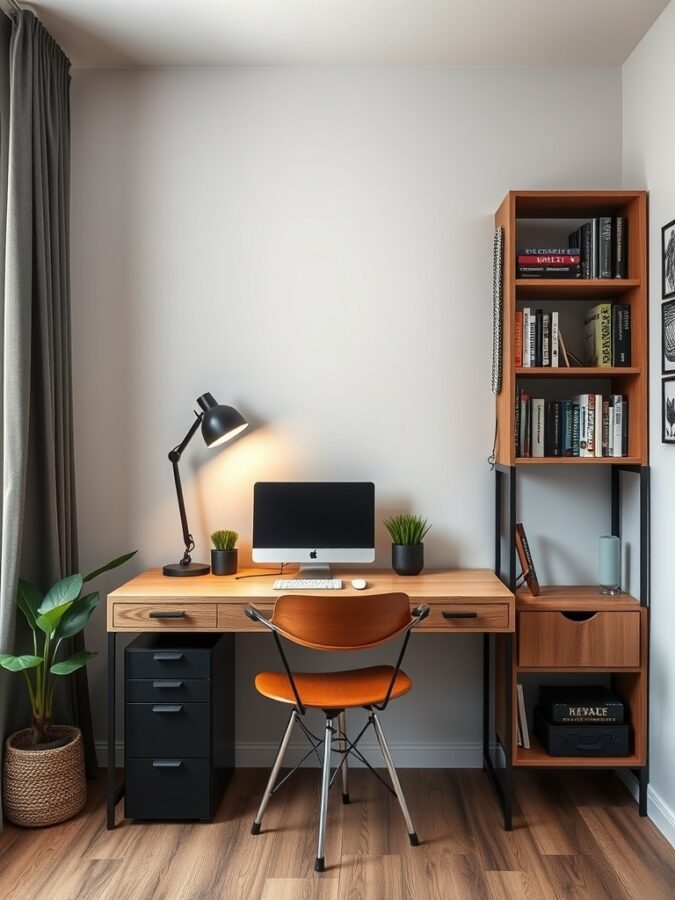 A modern home office setup featuring a wooden desk, an orange chair, a bookshelf, and plants.