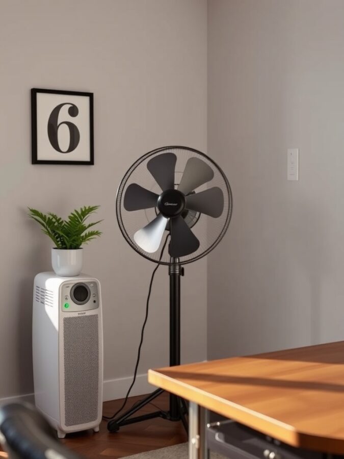 A stylish fan and air purifier in a home office setting, with a plant and a wall art piece.