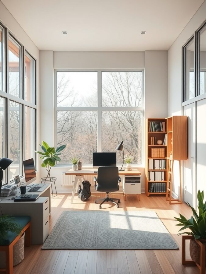 Bright home office with large windows, plants, and a desk setup