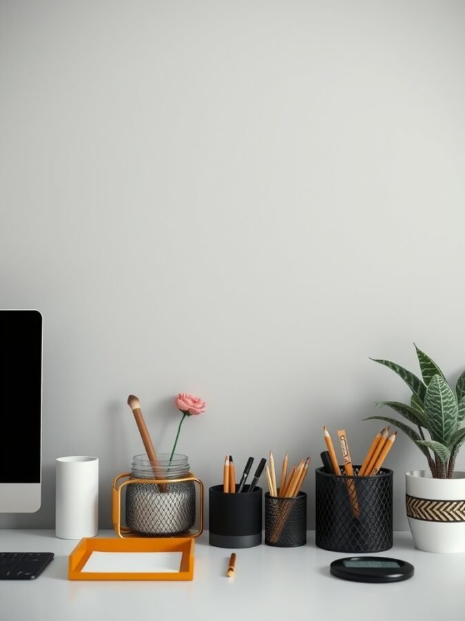 A stylish home office desk with a computer, pen holders, a flower, and a plant.