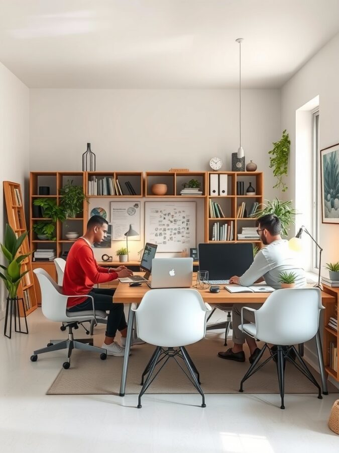 A cozy home office nook with a comfortable chair, desk, and bookshelves, featuring natural light from a window.