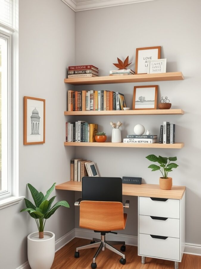 Floating shelves in small office