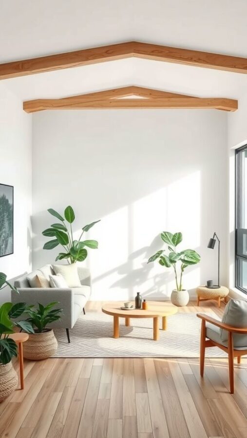 Minimalist living room with wooden beams, plants, and cozy furniture.