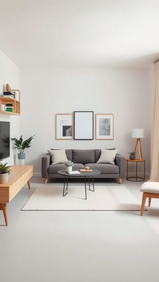 11 Chic Small Living Room Ideas in Neutral Tones 2 Minimalist small living room with grey sofa and round coffee table