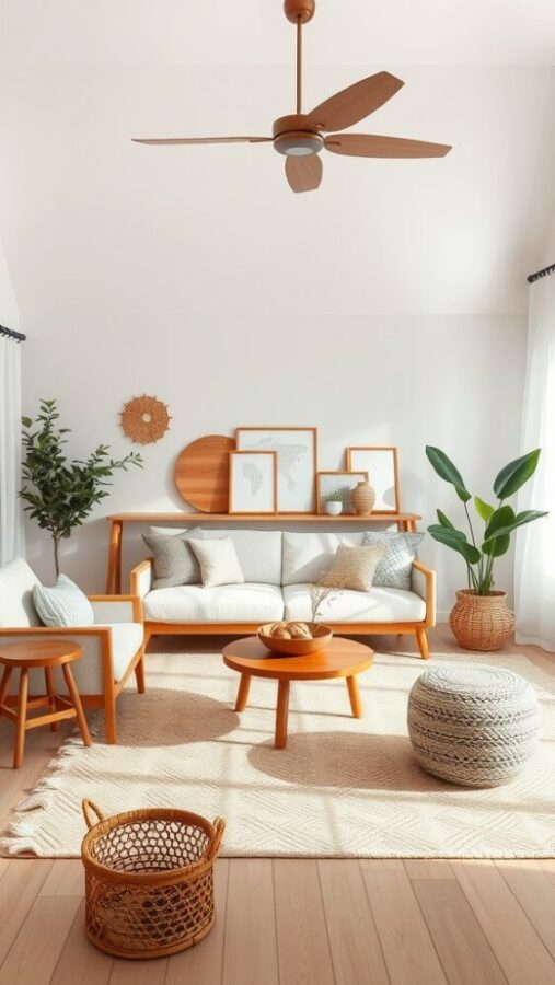 11 Chic Small Living Room Ideas in Neutral Tones 3 Small living room with wooden furniture, plants, and neutral textiles