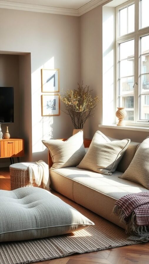 11 Chic Small Living Room Ideas in Neutral Tones 4 Cozy small living room with textured cushions, wooden side table, and woven basket