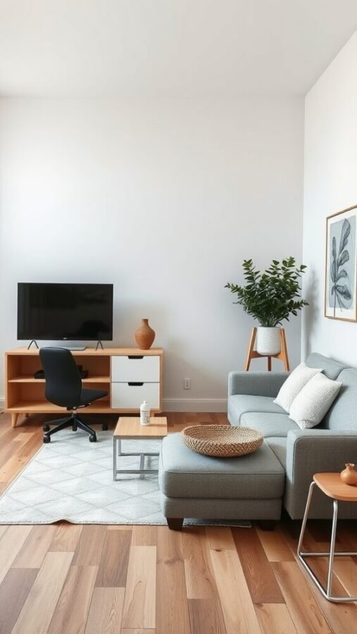 11 Chic Small Living Room Ideas in Neutral Tones 5 Small living room with multi-functional sofa, coffee tables, and TV unit