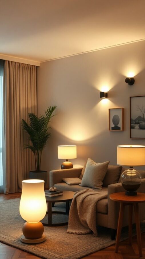11 Chic Small Living Room Ideas in Neutral Tones 6 Small living room with layered lighting and warm atmosphere
