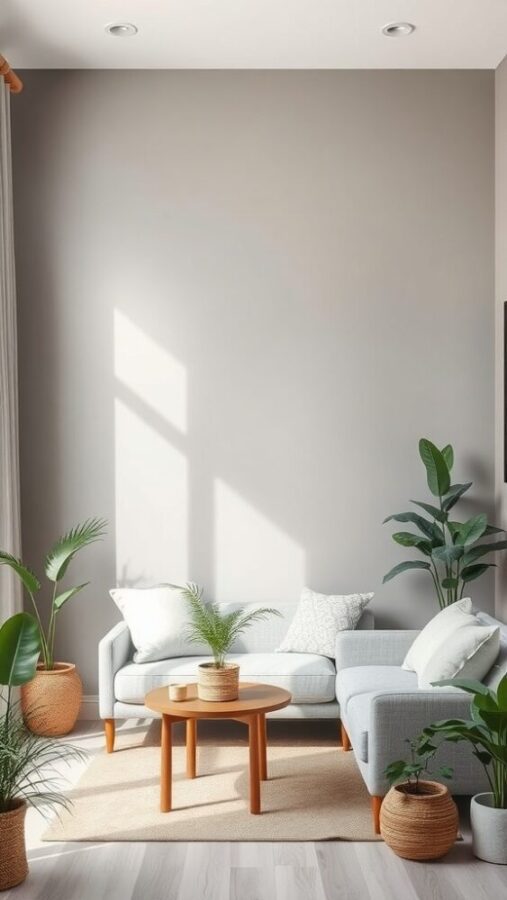 11 Chic Small Living Room Ideas in Neutral Tones 7 Small living room with soft gray accent wall and light furniture