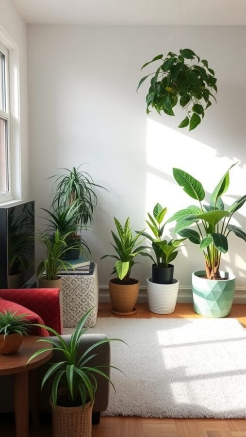 11 Chic Small Living Room Ideas in Neutral Tones 9 Small living room with various plants in stylish pots