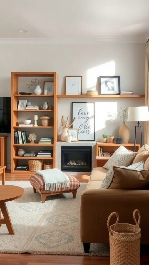 11 Chic Small Living Room Ideas in Neutral Tones 11 Small living room with open shelving, neutral decor, and warm lighting