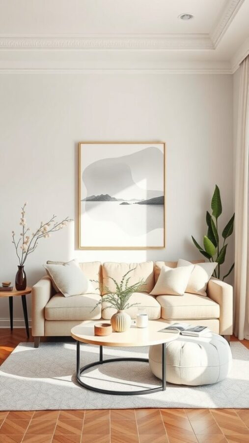 11 Chic Small Living Room Ideas in Neutral Tones 10 Small living room with neutral tones, beige sofa, and subtle wall art