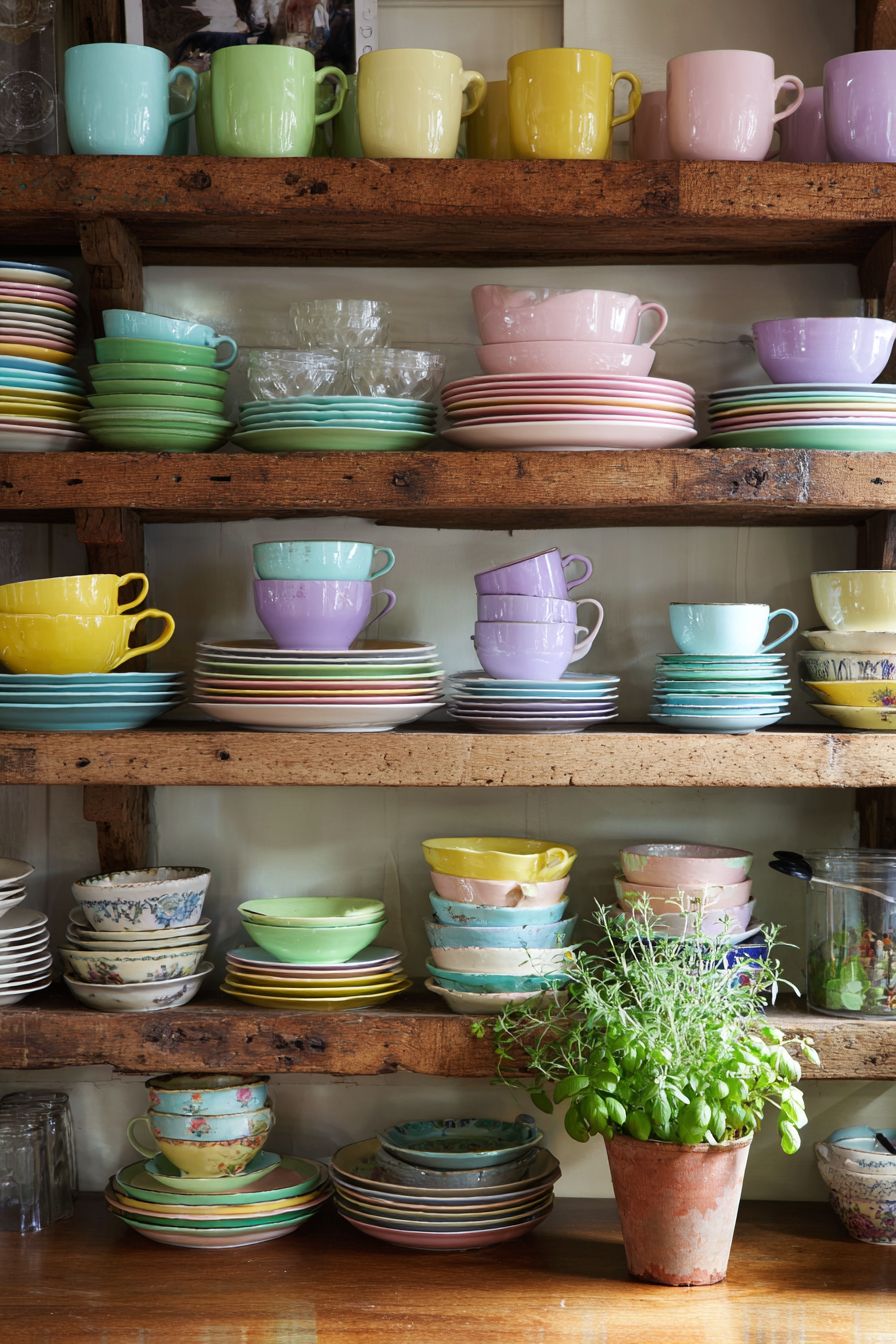 Install Open Shelving with Colorful Dishes
