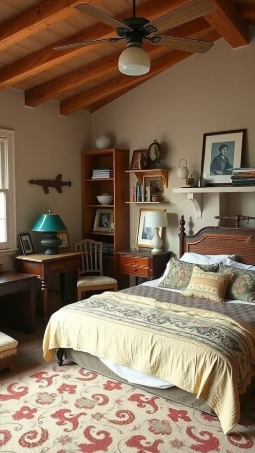 A cozy bedroom featuring rustic wooden beams, vintage furniture, and a warm color palette.