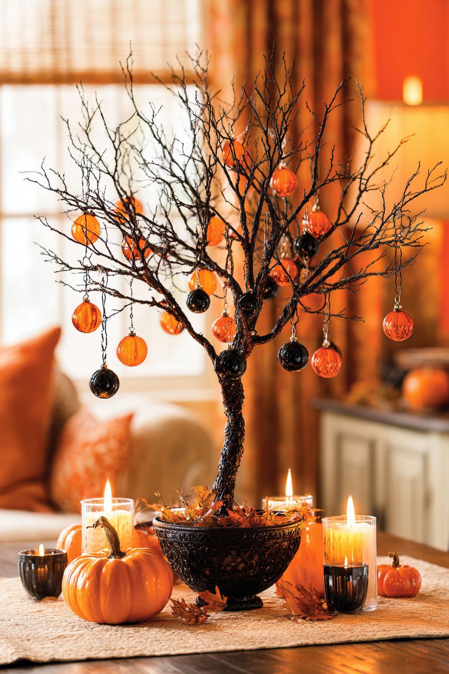 Decorate a Tree with Black and Orange Ornaments