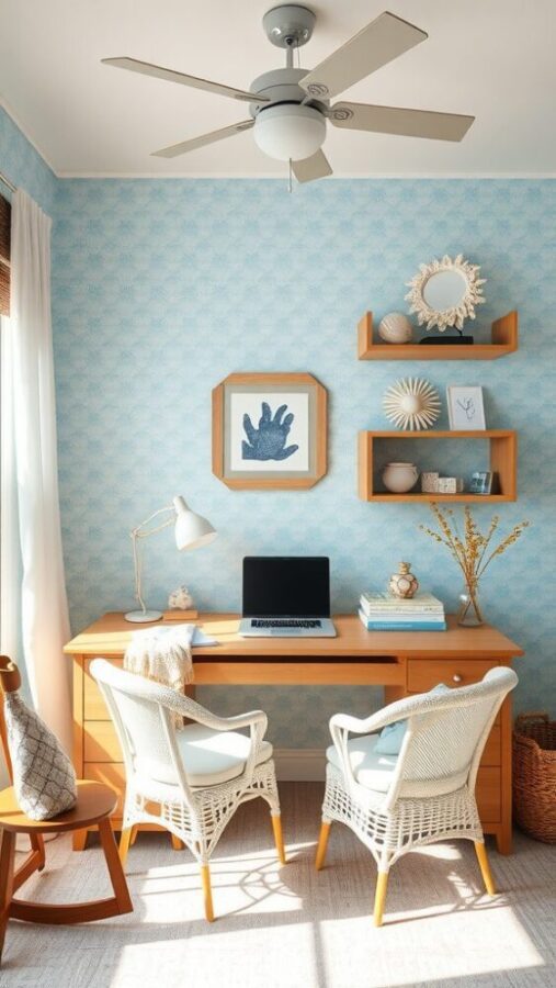 Coastal Blue Wallpaper Office Serene coastal home office with blue wallpaper and wicker chairs