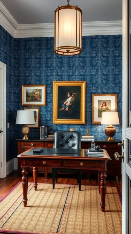 Blue Damask Wallpaper Office Elegant home office with blue damask wallpaper and wooden desk