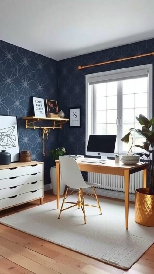 Navy and Gold Home Office Home office with navy wallpaper and gold accents