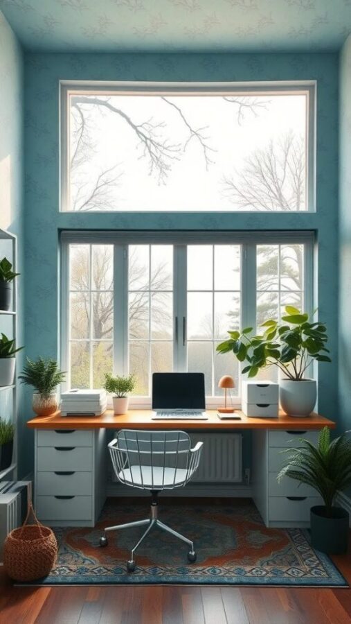 Sky Blue Wallpaper Office Tranquil home office with sky blue wallpaper and large windows