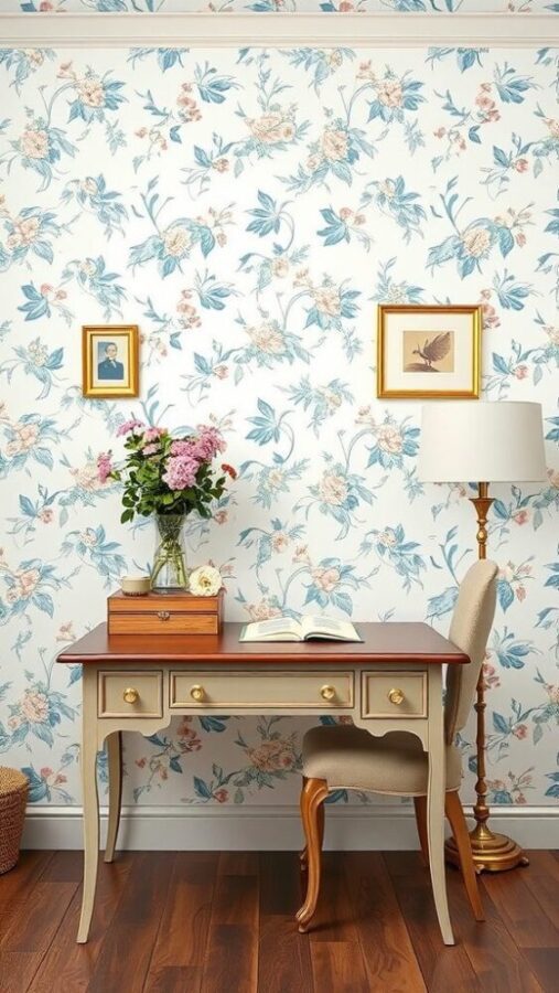 Pastel Blue Floral Wallpaper Office Cozy home office with pastel blue floral wallpaper and wooden desk