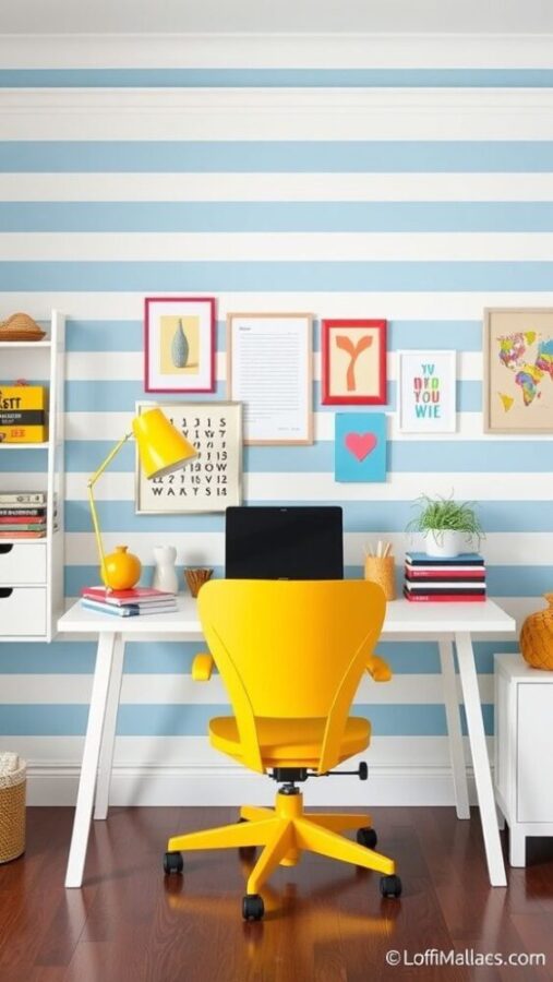 Blue and White Striped Wallpaper Office Bright home office with blue and white striped wallpaper and yellow chair