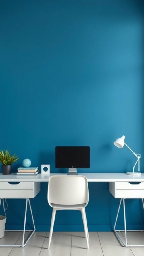 Minimalist Blue Wallpaper Office Minimalist home office with vibrant blue wallpaper and white desk