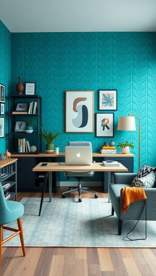 Turquoise and Gray Home Office Stylish home office with turquoise wallpaper and gray furniture