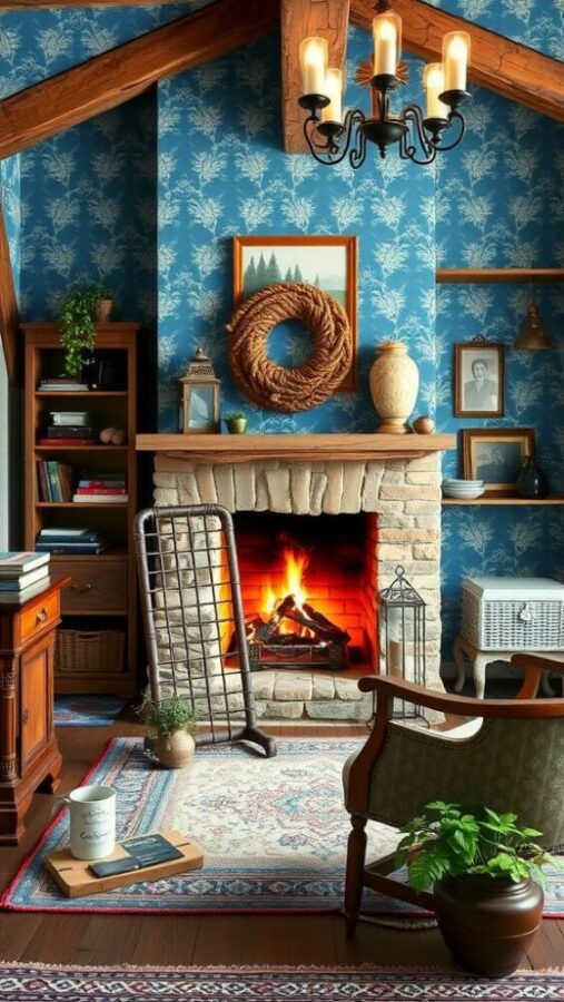 Cottage Style Blue Wallpaper Office Cozy cottage home office with blue wallpaper and fireplace