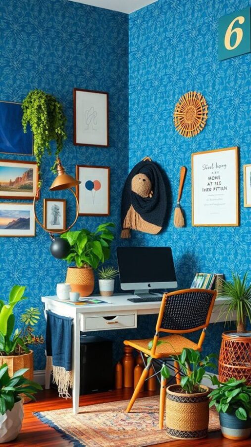 Bohemian Blue Wallpaper Office Eclectic home office with blue wallpaper and plants