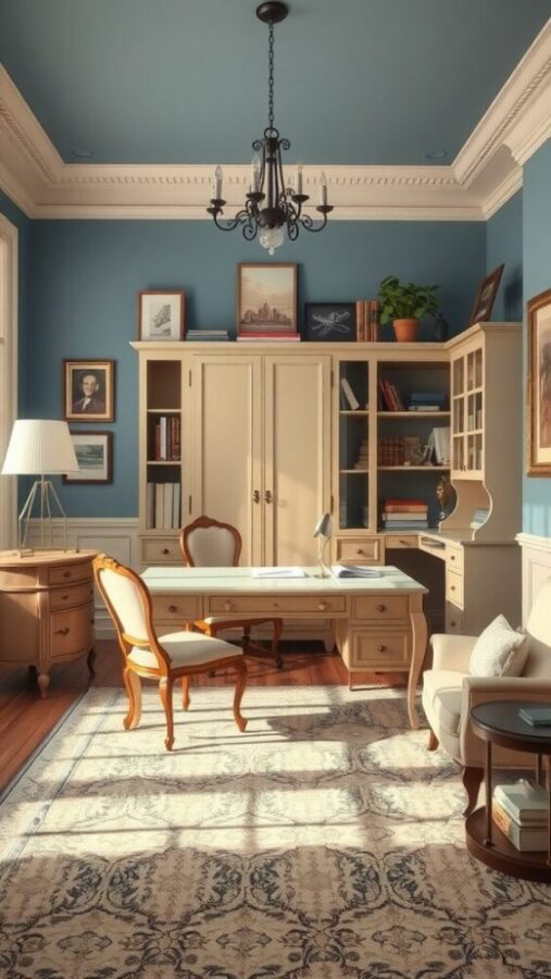 Blue and Cream Home Office Home office with blue wallpaper and cream furniture