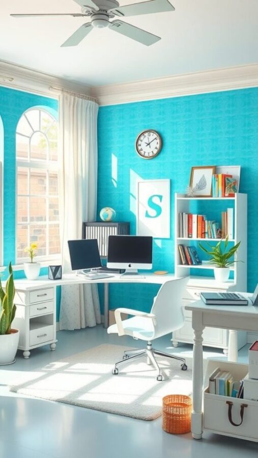 Bright Blue and White Office Bright home office with blue wallpaper and white furniture