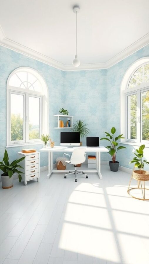 Bright Blue and White Office Bright home office with pale blue wallpaper and white furniture