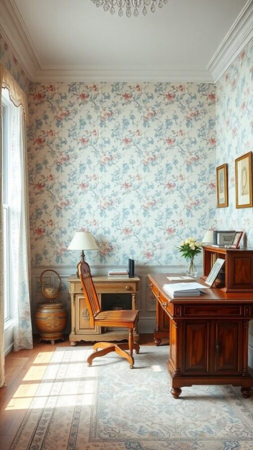Vintage Blue Floral Office Vintage style home office with blue floral wallpaper