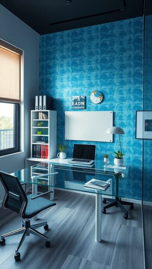 Modern Blue Wallpaper Office Modern home office with blue wallpaper and glass desk
