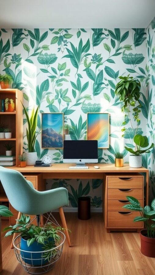 Blue and Green Nature-Inspired Office Home office with blue leafy wallpaper and green accents