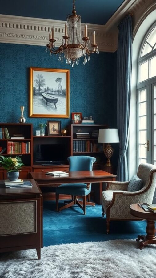 Luxurious Blue Velvet Office Luxurious home office with deep blue wallpaper and velvet accents