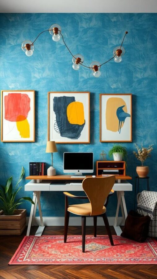 Artistic Blue Wallpaper Office Home office with vibrant blue wallpaper and colorful art
