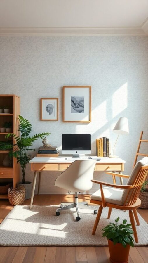 Light Blue and Wood Office Cozy home office with light blue wallpaper and wood furniture