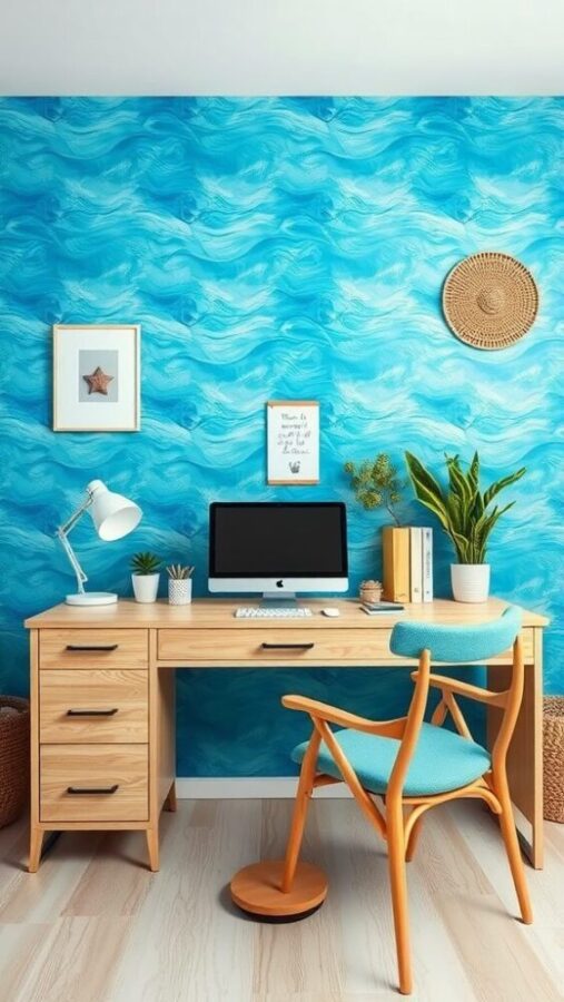 Ocean-Inspired Blue Wallpaper Office Home office with blue wave-patterned wallpaper and wooden desk