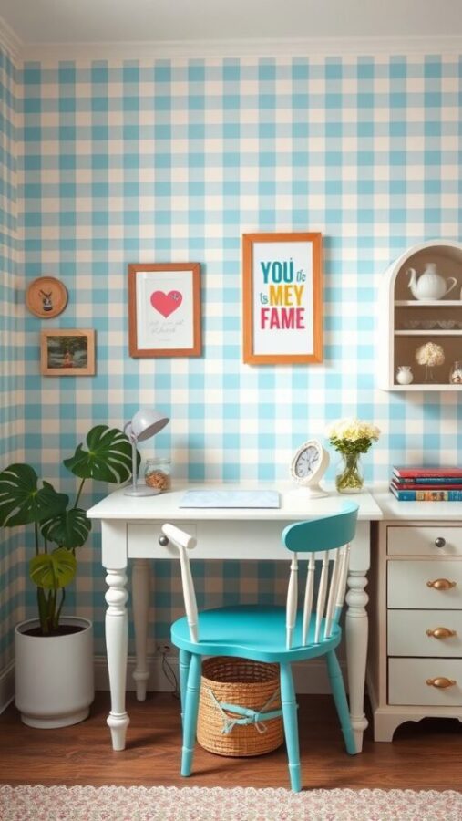 Blue Checkerboard Wallpaper Office Cozy home office with blue checkerboard wallpaper and turquoise chair