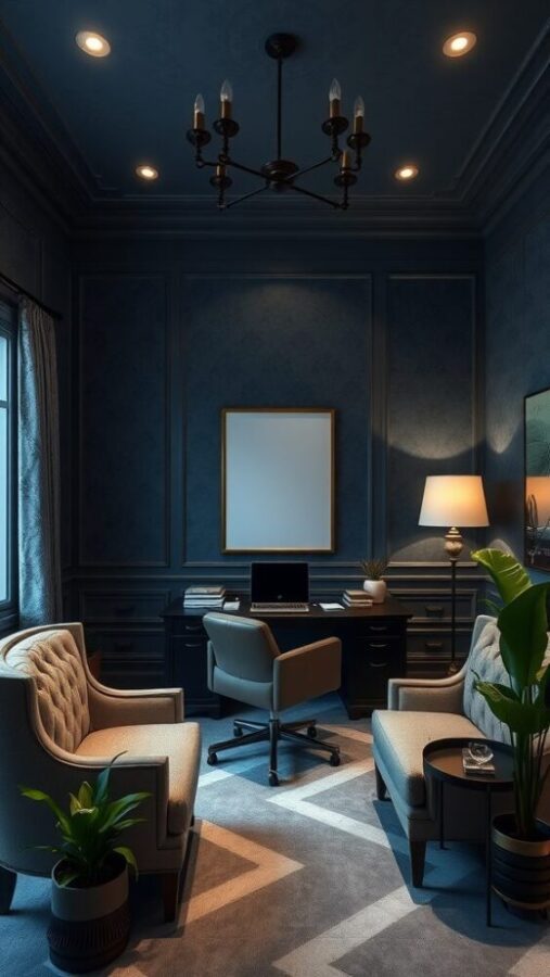 Dark Blue Elegant Office Sophisticated home office with dark blue wallpaper and elegant furniture