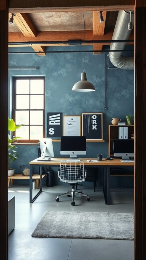 Rustic Industrial Blue Office Rustic industrial home office with blue wallpaper and wooden beams