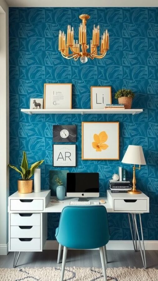 Blue and Gold Office Modern home office with blue wallpaper and gold chandelier