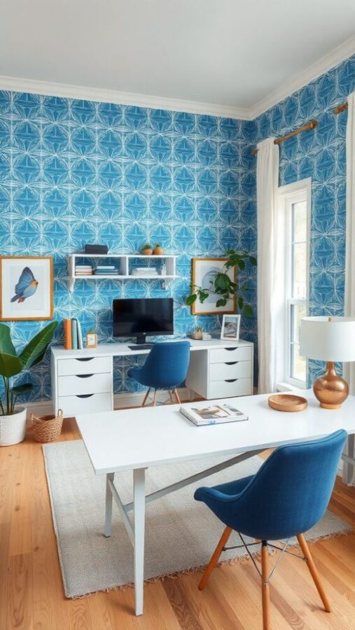 Blue Geometric Wallpaper Office Home office with blue geometric wallpaper and white desk