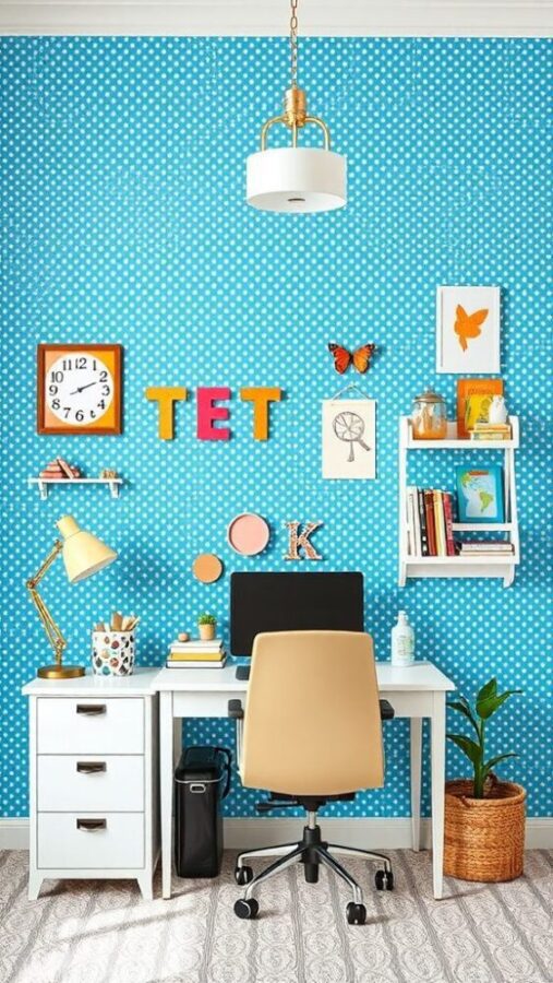 Blue Polka Dot Wallpaper Office Home office with blue polka dot wallpaper and white desk