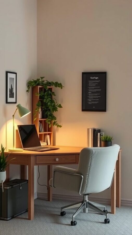 Cozy corner desk setup with a laptop, a lamp, and plants in a well-lit room.